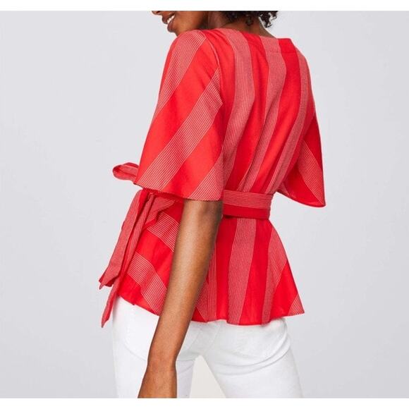 Loft Top Women's XS Petite Wrap Blouse Red Striped V Neck Flared Sleeves Tie - Picture 8 of 8